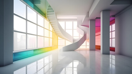Abstract white and colored interior multilevel public space with window. Interior Design.