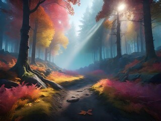 Fototapeta premium Landscape in a fabulous forest, rainbow spectrum of colorful autumn trees in unusual neon lighting, fog background autumn fantasy. Generative AI