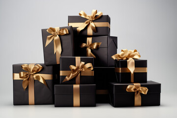 A bunch of black Christmas gifts with gold ribbons. Realistic black gifts boxes for Black Friday sale.