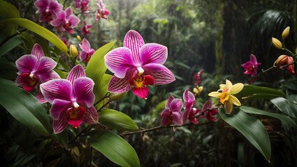 A tropical rainforest with exotic, vibrant orchids and other unique tropical flowers.