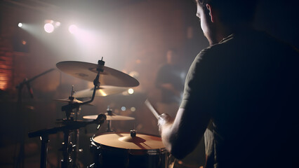 Obraz premium Back View of drummer plays drums during a show on dark background