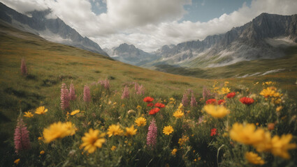 An alpine meadow covered in a variety of alpine wildflowers, each one uniquely adapted to the high-altitude environment. - obrazy, fototapety, plakaty