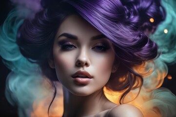 Naklejka premium A close up of a stylish woman with dark hair and violet smoke cloud, sensual expressive lips, beautiful witch with long hair, violet tint. Fashion scent, fresh odour