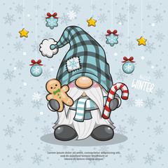 Winter Gnome, Christmas Gnome With Cookies And Candycane. Cute Cartoon Illustration