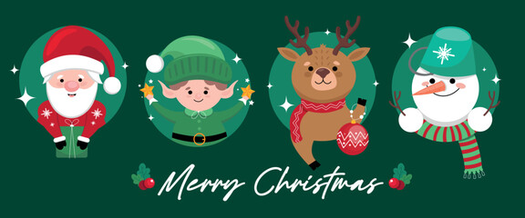 Santa, elf, deer and snowman on green background. Merry Christmas