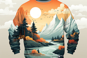 Sweater featuring a scenic mountain landscape design.