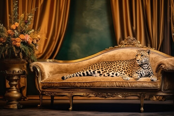 Leopard on sofa - obrazy, fototapety, plakaty