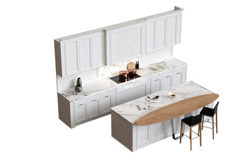 modern kitchen isolated on transparent background, home furniture, 3D illustration, cg render