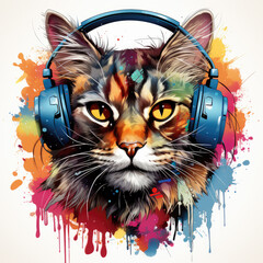 Watercolor Funky Cool Cat with Headphone illustration Generative Ai