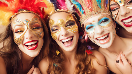 Carnival celebration in Venice with masked participants in traditional costumes. Happy Carnival masquerade party in VEnice