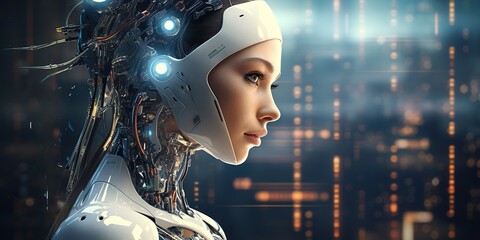Futuristic AI Woman, Robot with Touch Technology Interface