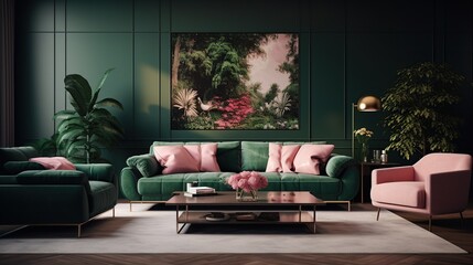 Living room, pink and dark green colors. Interior design