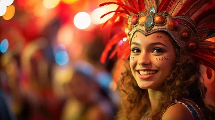 Foto auf Acrylglas Joyful woman in vibrant carnival costume with feathers. Radiant smile of a woman in a feathered carnival headdress. Caribbean Carnival adn Happiness in the street.Carnival queen in sparkling attire wi © PAOLO
