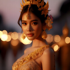 Thailand woman in national uniform, wears golden accessories