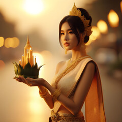 Beautiful young woman in traditional Thai dress holding krathong flower in her hands in loy krathong day concept