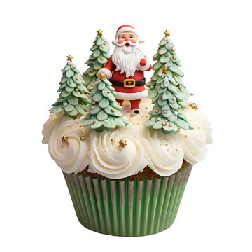Elegant Christmas Cupcakes, Winter Cupcakes, Red, Green White, Gold Sprinkles colors, Christmas Tree decorations, Santa Claus decoration, White Vanilla Muffins, White Vanilla Icing Frosting, Isolated 