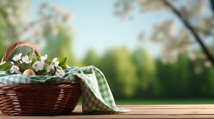 Picnic Basket with napkin om nature background - obrazy, fototapety, plakaty
