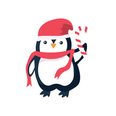 Cute penguin with candy cane on white background