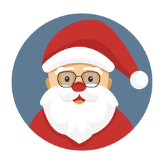 Santa Claus head on red hat. Christmas Santa icon on blue background, symbol of winter holiday