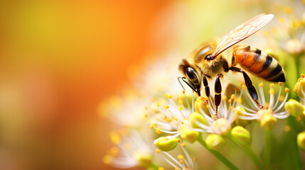 bee foraging on a flower with a bokeh background - obrazy, fototapety, plakaty