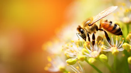 Zelfklevend Fotobehang bee foraging on a flower with a bokeh background © RemsH