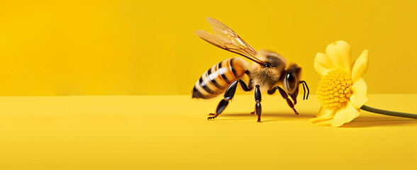 bee in front of a yellow background - obrazy, fototapety, plakaty