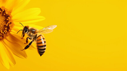 bee in front of a yellow background - obrazy, fototapety, plakaty