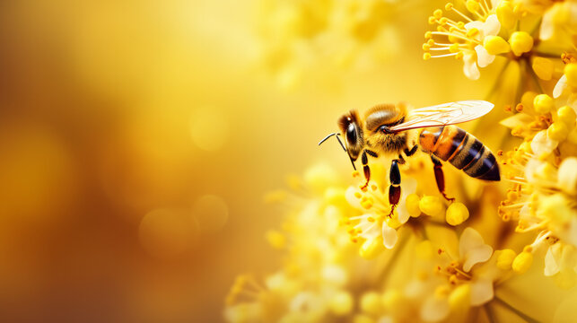 bee foraging on a flower with a bokeh background