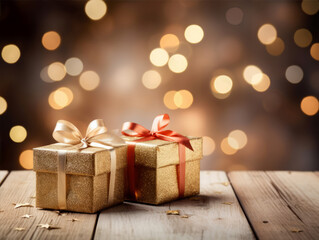 Fototapeta na wymiar Christmas Elegant Golden and Red Gifts Wrapped with Ribbons on Wooden Surface, Illuminated by Warm Glowing Bokeh Lights, Symbolizing Festive Celebration and Joyful Giving