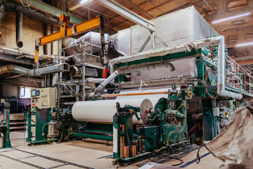 Waste paper recycling plant. Machine for production of paper rolls - obrazy, fototapety, plakaty