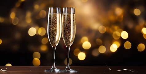champagne flutes with christmas light background