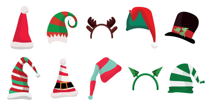 Set of Christmas hats and headbands for party on white background