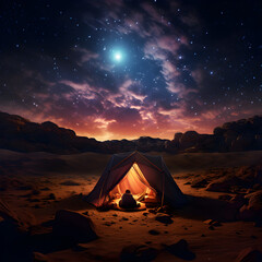 Tent set up in the desert under the stars and moonlight