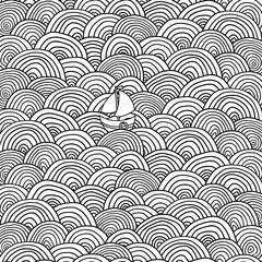 A lone boat sails floating on the waves. Clouds, sun, waves, boat, sea.  Adult Coloring Book Page.