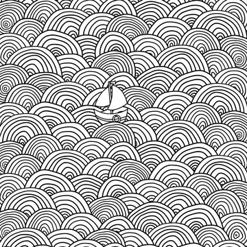 A lone boat sails floating on the waves. Clouds, sun, waves, boat, sea.  Adult Coloring Book Page.
