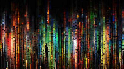 AI-generated abstract illustration of colorful columns and blocks of light, outlined in black. MidJourney.