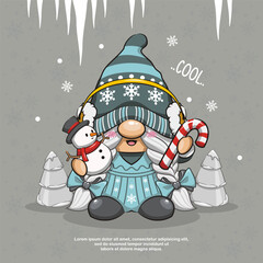 Winter Lady Gnome, Christmas Gnome With Snowman And Candycane. Cute Cartoon Illustration