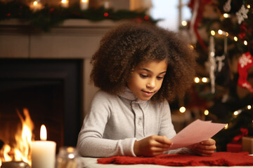 Cute little girl with curly hair writes the letter to Santa Claus