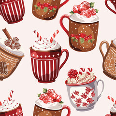 Savor the warmth of the season with a delightful Christmas hot drinks pattern design in this festive vector artwork.