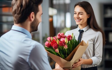 A man at work is giving flowers to a woman