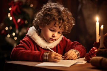 Cute little boy with curly hair writes the letter to Santa Claus