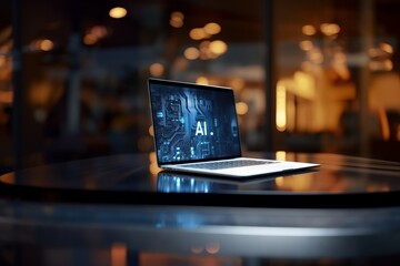 Laptop with the acronym AI on the screen on a table in an office. Concept of artificial intelligence, future, innovation, technology, business, work, etc. - obrazy, fototapety, plakaty