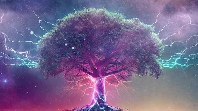 green planet concept - green tree of life with power lines, lights around