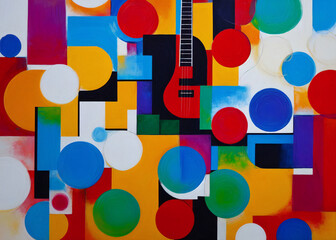 A vibrant and dynamic painting capturing the essence of music through a guitar surrounded by splashes of vivid colors, evoking a sense of creativity and freedom. 