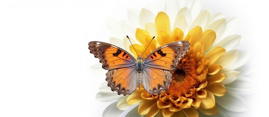 Closeup shot of a beautiful butterfly with interesting textures on an orange petaled flower.