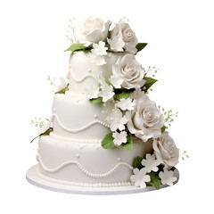 Tiered Wedding Cake with Sugar Roses on Transparent Background - obrazy, fototapety, plakaty