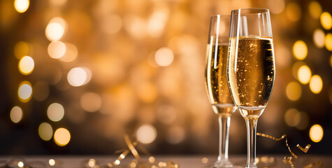 champagne flutes with christmas light background