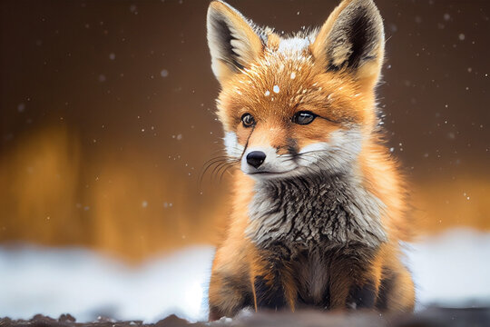 Cute fox baby in snow winter. Generative AI