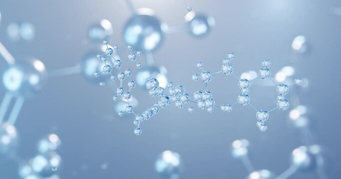 Quizartinib, rotating 3D model of small molecule receptor tyrosine kinase inhibitor, seamless looped video, molecular structure with selective focus