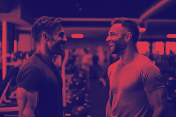 Two men smiling and conversing in a vibrant gym setting. Friends share a light-hearted moment amidst a workout session. - obrazy, fototapety, plakaty